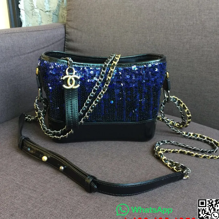 Chanel Paillettes Gabrielle Petit Sac Hobo 20cm Matériel Doré Cuir D'agneau Collection Automne/hiver Acte 1 2018, Bleu Marine