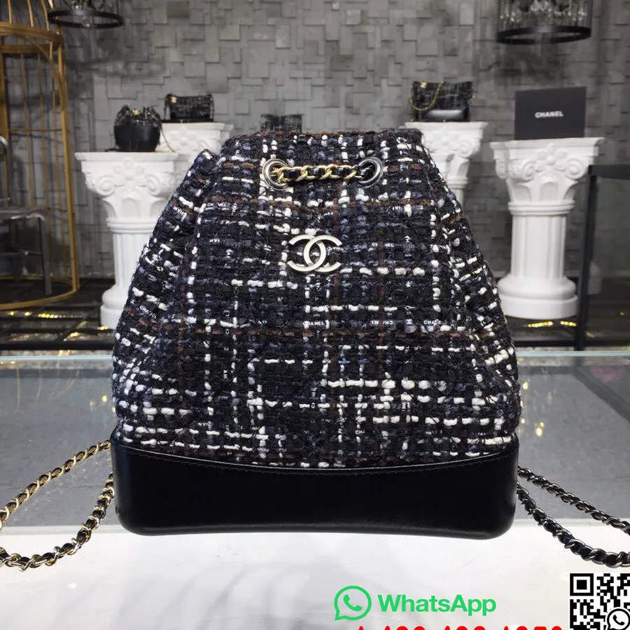 Chanel Gabrielle Mini Sac à Dos Hobo 20 Cm Matériel Doré Tweed/cuir D'agneau Collection Automne/hiver Acte 1 2018, Noir/marine/m