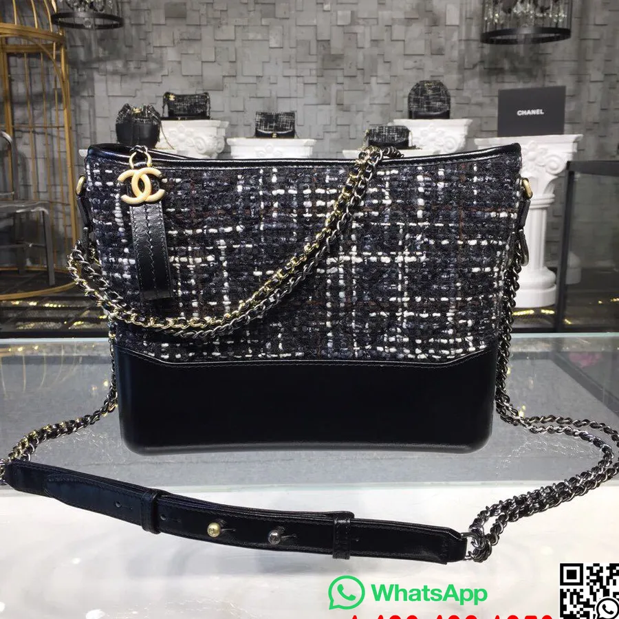 Chanel Gabrielle Sac Hobo Moyen 28 Cm Matériel Doré Tweed/cuir D'agneau Collection Automne/hiver Acte 1 2018, Noir/marine/marron