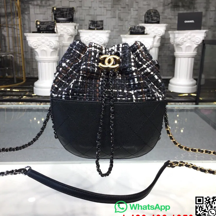 Bolso Hobo Pequeño Chanel Gabrielle 18 Cm Herrajes Dorados Tweed/piel De Cordero Colección Otoño/invierno Acto 1 2018, Negro/azu