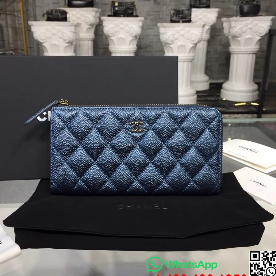 Cartera Con Cremallera Chanel, Herrajes Plateados, Piel Caviar, Colección Otoño/invierno 2018, Azul