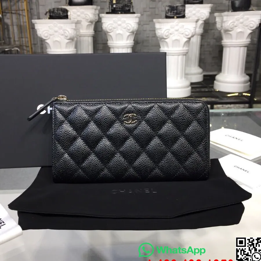 Peněženka Chanel Zip Stříbrný Hardware Kaviárová Kůže Kolekce Podzim/zima 2018, černá