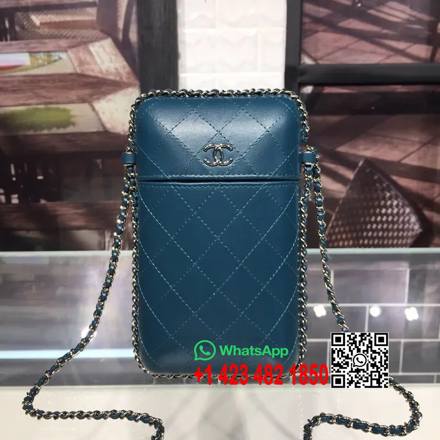 Cadena Chanel Alrededor Del Soporte Para Teléfono A94471 12 Cm Piel De Cordero Colección Otoño/invierno Acto 1 2018, Azul Marino