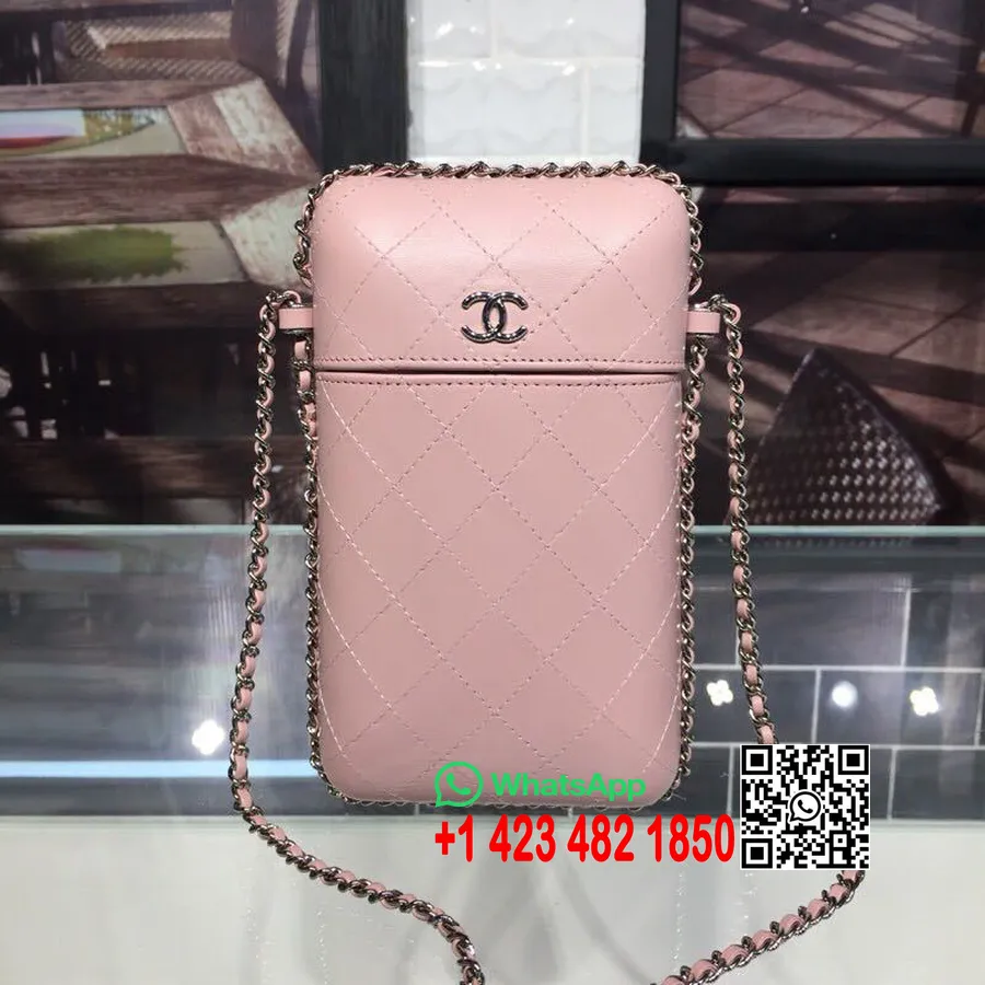 Chanel Chaîne Autour Du Support De Téléphone A94471 12 Cm Cuir D'agneau Collection Automne/hiver Acte 1 2018, Rose Clair