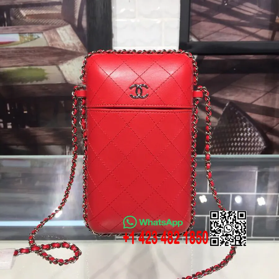 Cadena Chanel Alrededor Del Soporte Para Teléfono A94471 12 Cm Piel De Cordero Colección Otoño/invierno Acto 1 2018, Rojo