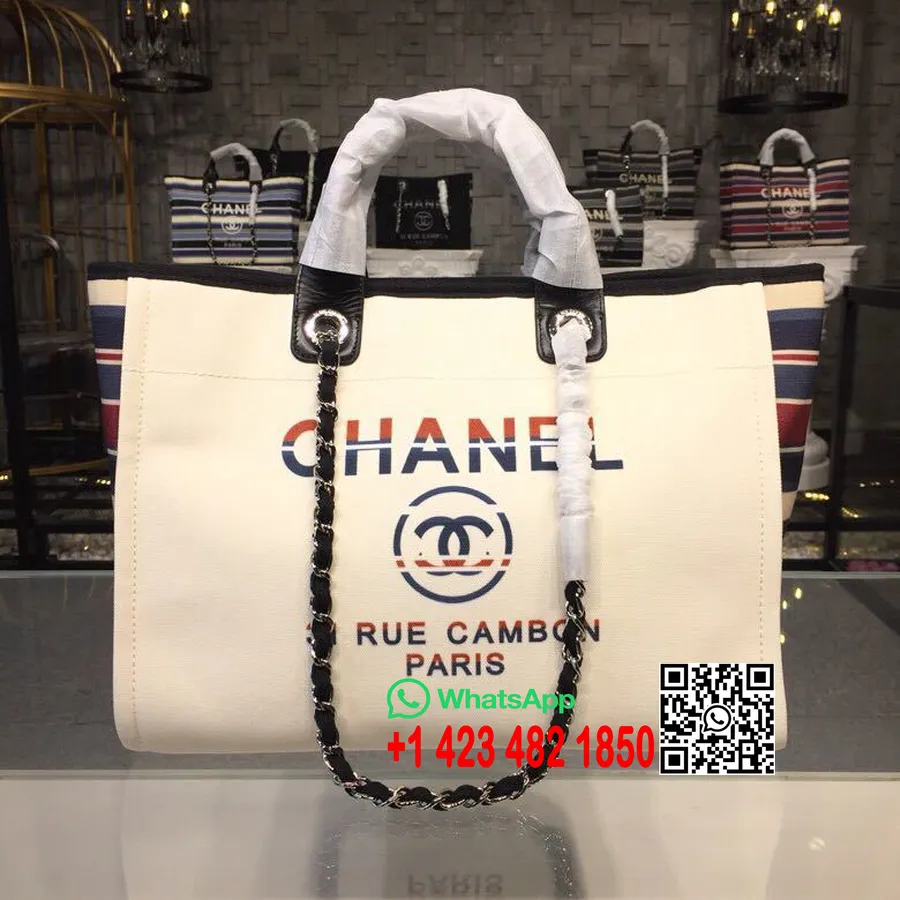 Chanel Deauville Tote 38cm чанта от туид Metiers D Art 2018 колекция крем/червен/син текстил