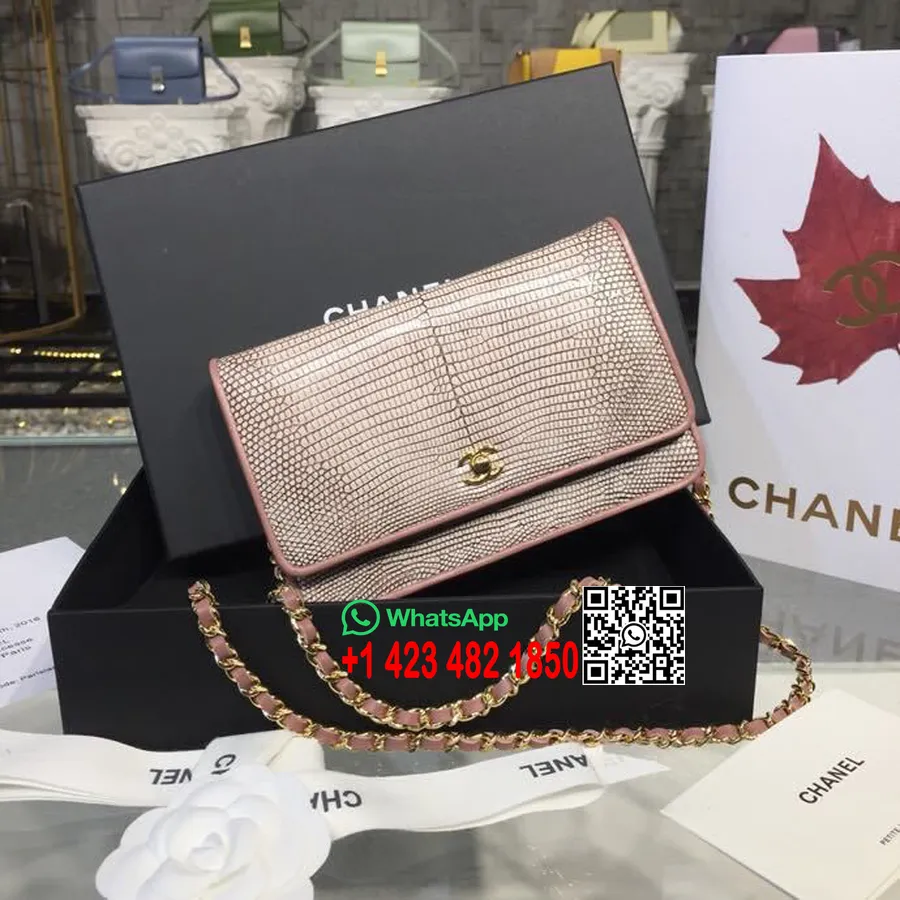 Chanel Woc Peňaženka Na Retiazke Taška 20cm Zlatá Hardvérová Jašterica Koža Jeseň/zima 2018 Kolekcia Bledoružová