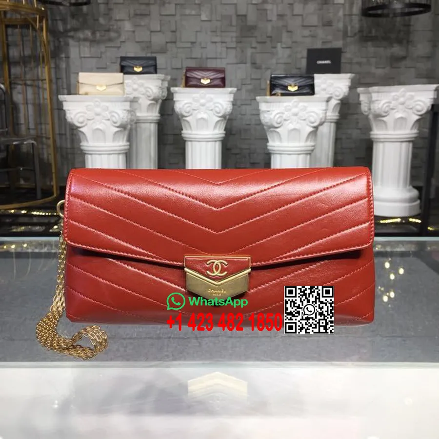 Chanel Chevron Calfskin Envelope Clutch Bag A57493 25cm Gold Hardware Lambskin Leather Metiers d Art Paris-Hamburg 2018 Orange