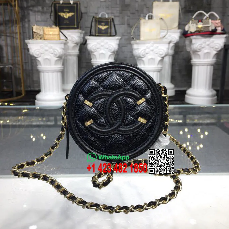 Chanel Cc Bolso De Mano Redondo Granulado Con Filigrana Y Cadena A81599 12 Cm Herrajes Dorados Piel De Cordero Caviar Colección 