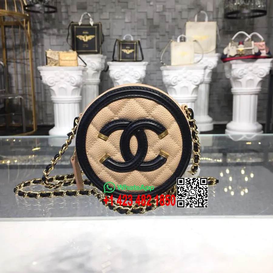 Chanel Cc Bolso De Mano Redondo Granulado Con Filigrana Y Cadena A81599 12 Cm Herrajes Dorados Piel De Cordero Caviar Colección 