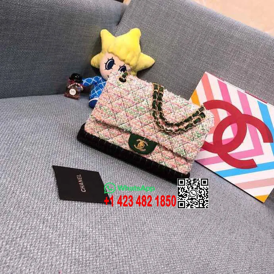 Chanel Bolso Clásico Con Solapa De Tweed Y Paja Tejida 25 Cm Herrajes Dorados Piel De Cordero Caviar Colección Crucero 2019 Verd