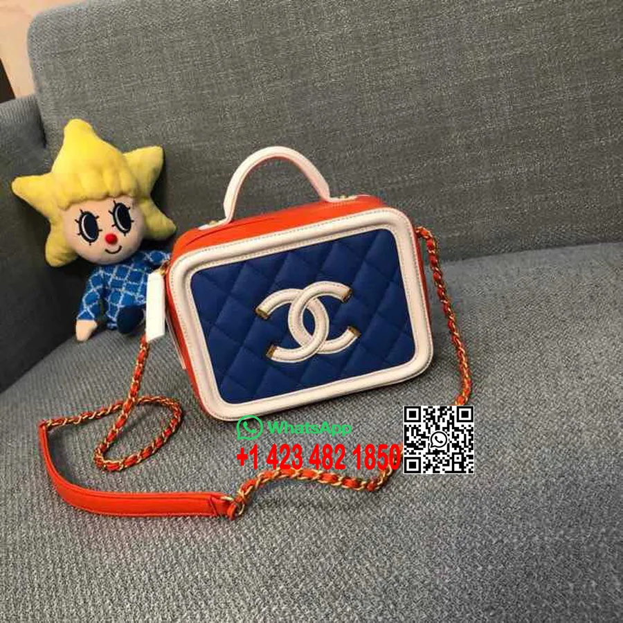 Geantă De Toaletă Medie Chanel Cc Filigran 18 Cm Hardware Auriu Piele Caviar Piele De Miel Cruise 2019 Colecție Roșu/alb/albastr