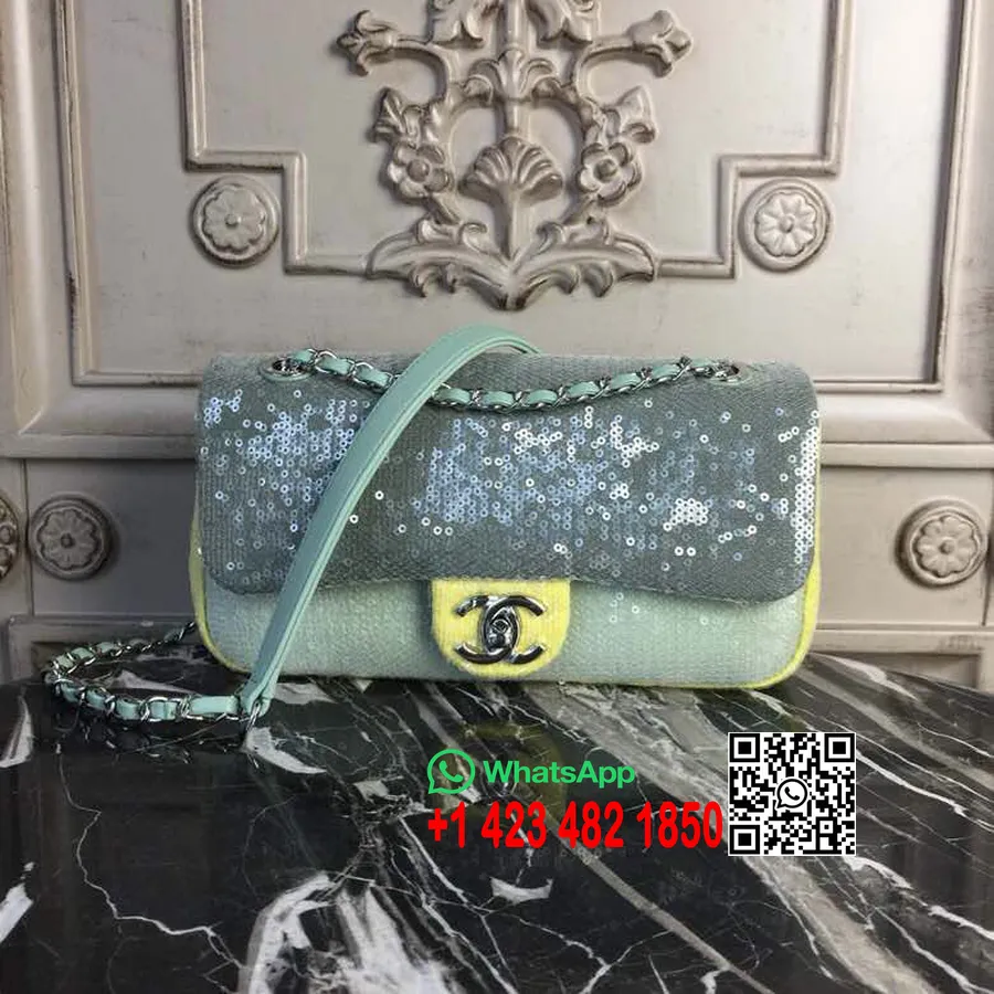 Chanel Sequins Pārloka Soma 22cm Sudraba Aparatūra Jēra āda Pavasara/vasaras Akts 2 2018 Kolekcija Zaļa/gaiši Zaļa/dzeltena