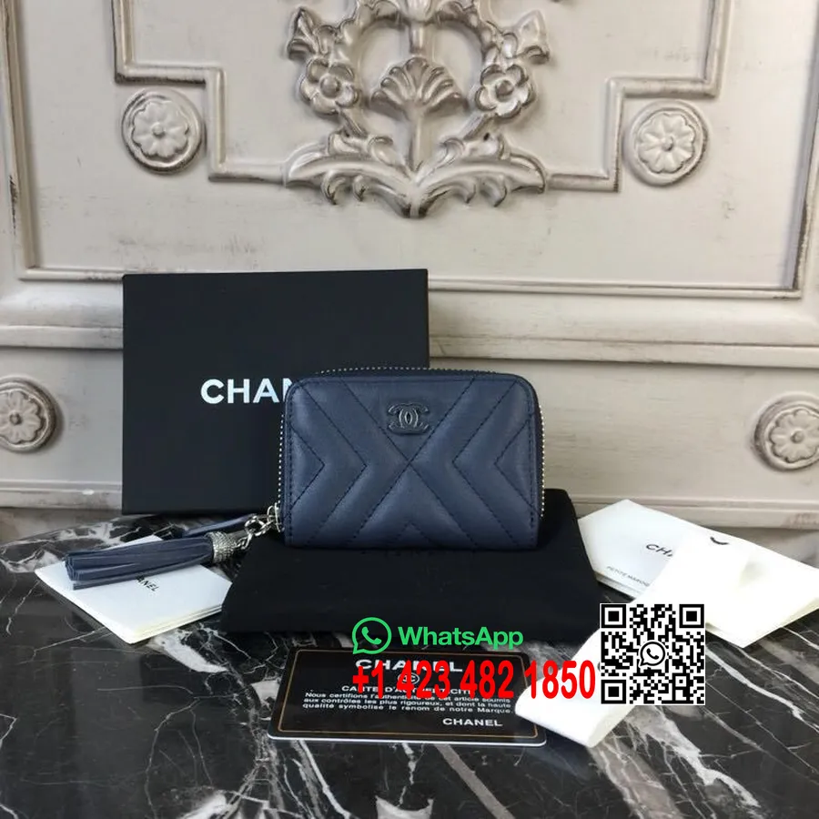 Monedero Chanel Diagonal Chevron Herrajes Plateados Cuero Caviar Colección Primavera/verano Acto 1 2018 Azul Oscuro