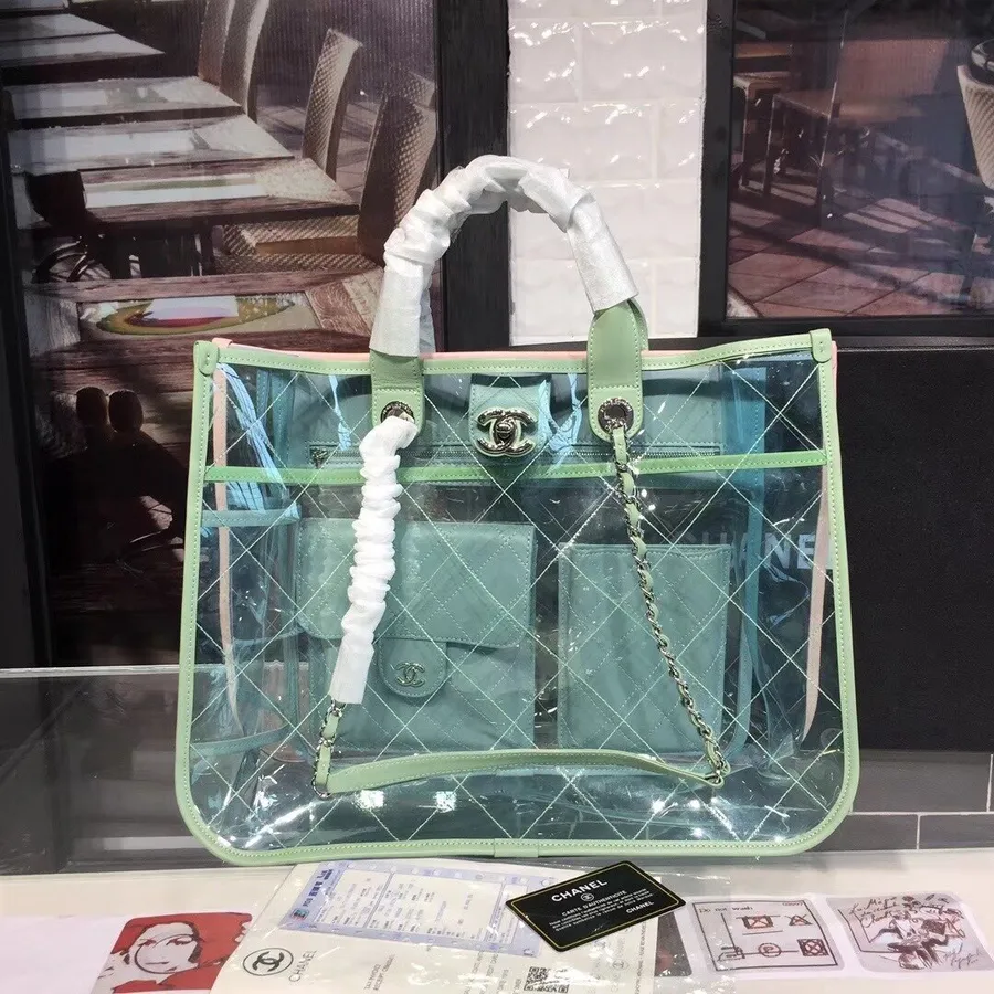 Chanel Pvc Coco Splash Grand Sac Shopping 40cm Matériel Argenté Cuir D'agneau Collection Printemps/été Acte 1 2018 Rose/vert