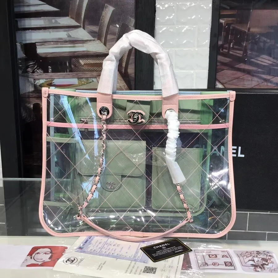 Chanel Pvc Coco Splash Grand Sac Shopping 40cm Matériel Argenté Cuir D'agneau Collection Printemps/été Acte 1 2018 Vert/rose