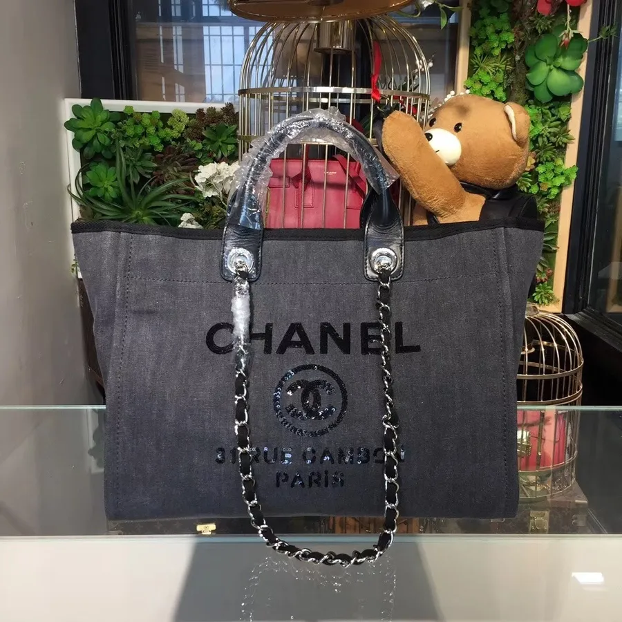 Сумка-тоут Chanel Deauville 40 см, парусиновая сумка, круизная коллекция 2018, черный деним/черные пайетки