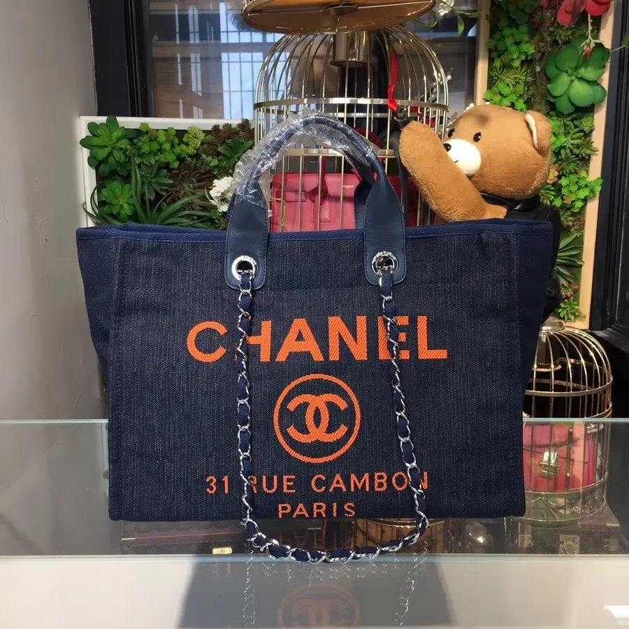 Сумка-тоут Chanel Deauville 40 см, парусиновая сумка, круизная коллекция 2018, темный деним/оранжевый