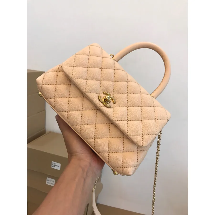 Chanel Coco λαβή καπιτονέ τσάντα χειρολαβής 24cm δέρμα χαβιάρι χρυσό υλικό άνοιξη/καλοκαίρι 2020 συλλογή πράξη 1, μπεζ