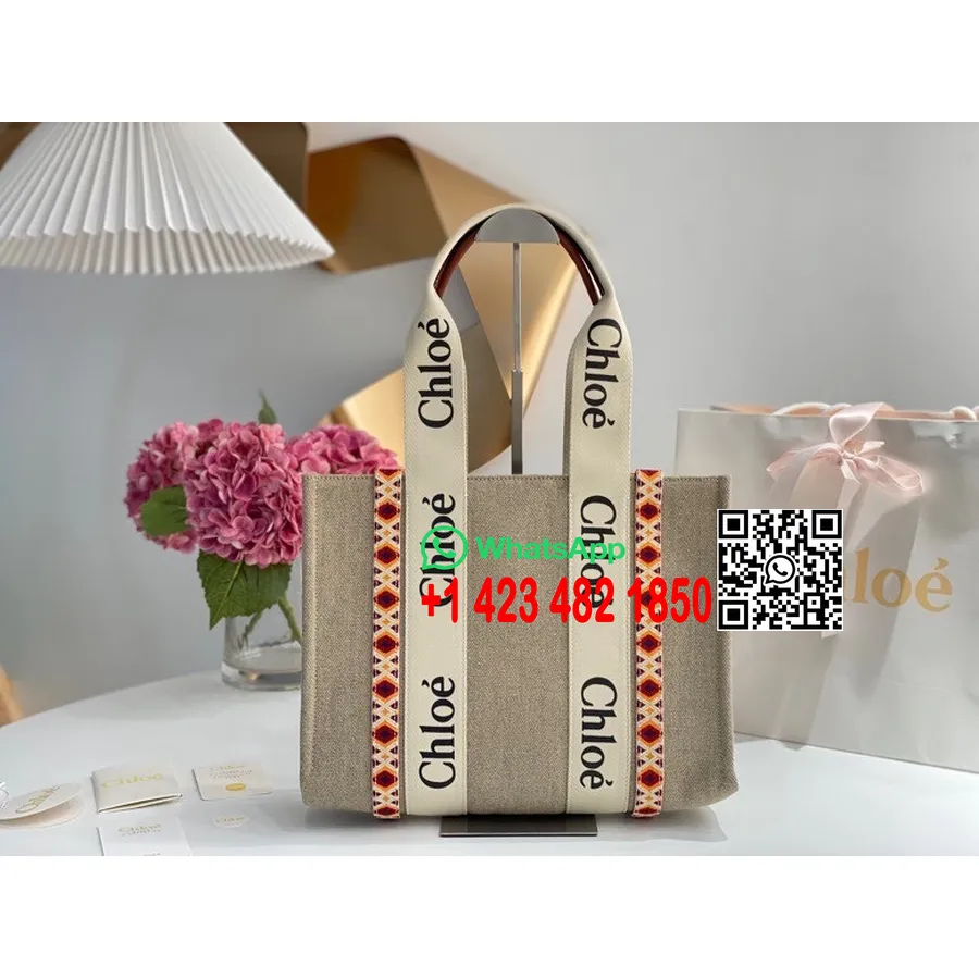 Chloe Woody Tote Bag 37 Cm Bomull Lerret/kalveskinn Vår/sommer 2022 Kolleksjon, Beige/rød