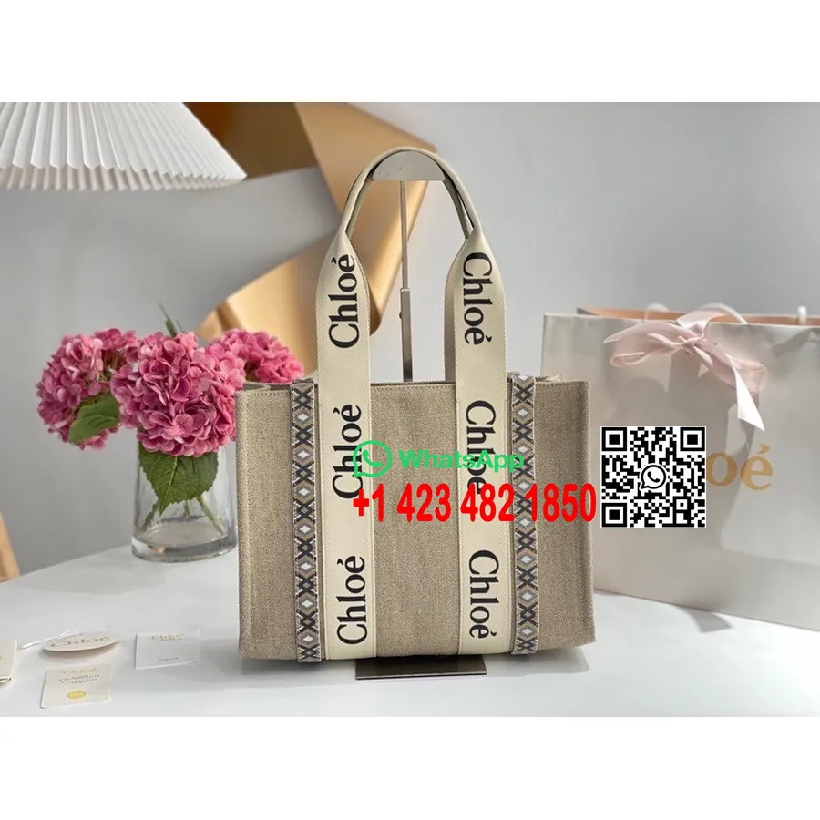 Chloe Woody Tote Bag 37cm Cotton Canvas/Calfskin Leather Spring/Summer 2022 Collection, Beige/White