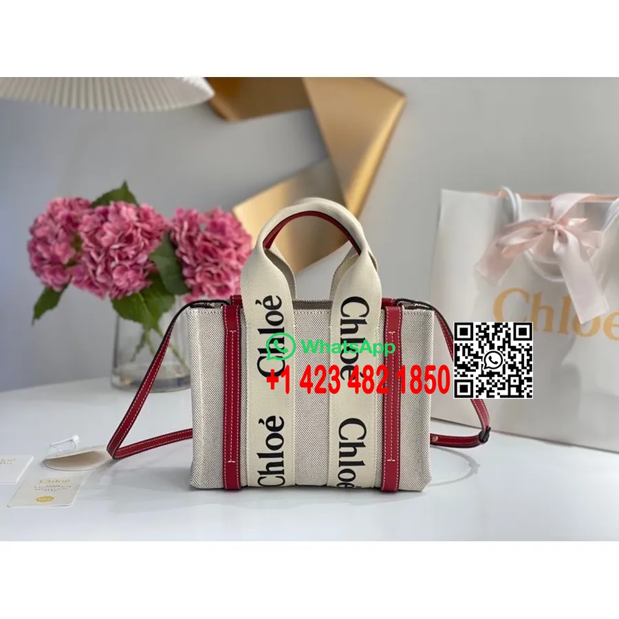 Tas Tote Chloewoody 26cm Kanvas Katun/kulit Anak Sapi Koleksi Musim Semi/musim Panas 2022, Krem/merah Anggur