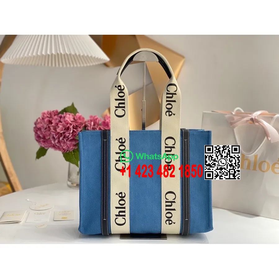 Tas Tote Chloewood Koleksi Musim Semi/musim Panas 2022 Bahan Kanvas Katun/kulit Anak Sapi 37cm, Biru