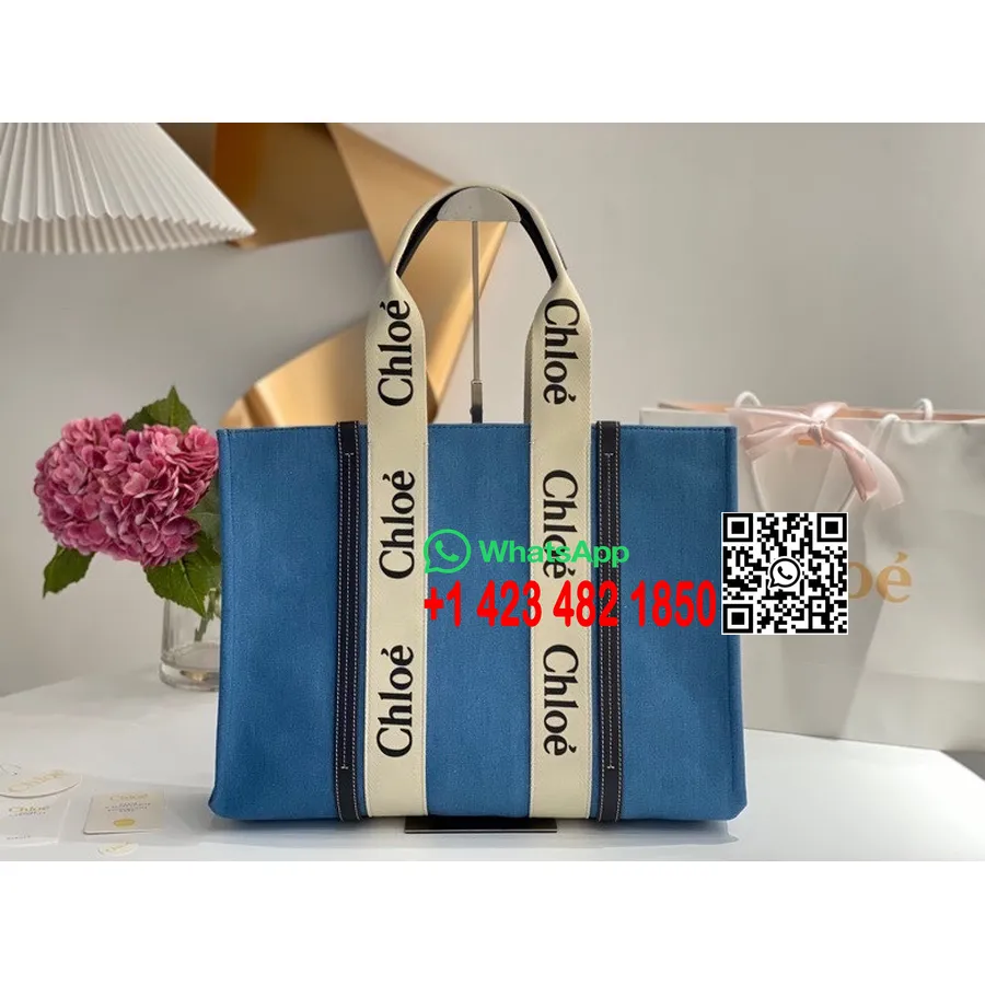 Chloe Woody Cabas 45cm Toile De Coton/cuir De Veau Collection Printemps/été 2022, Bleu