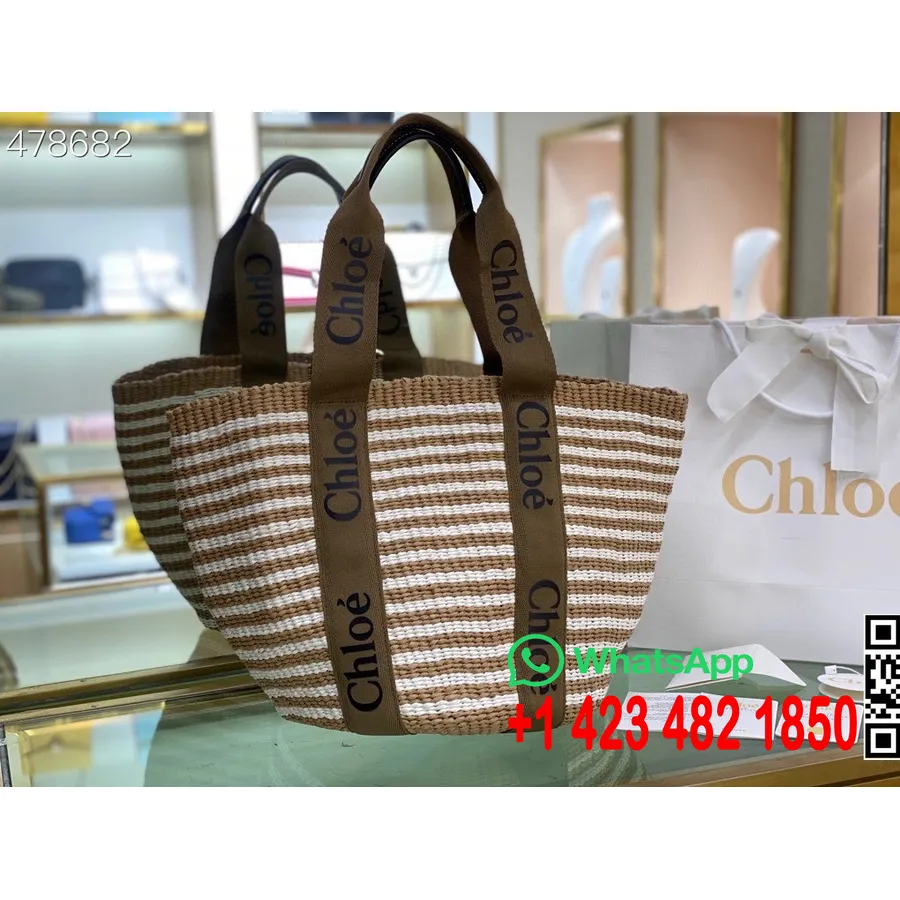 Chloe Woody Torba Materiałowa 48cm Skórzane Wykończenie Z Rafii, Kolekcja Wiosna/lato 2021, Brązowa