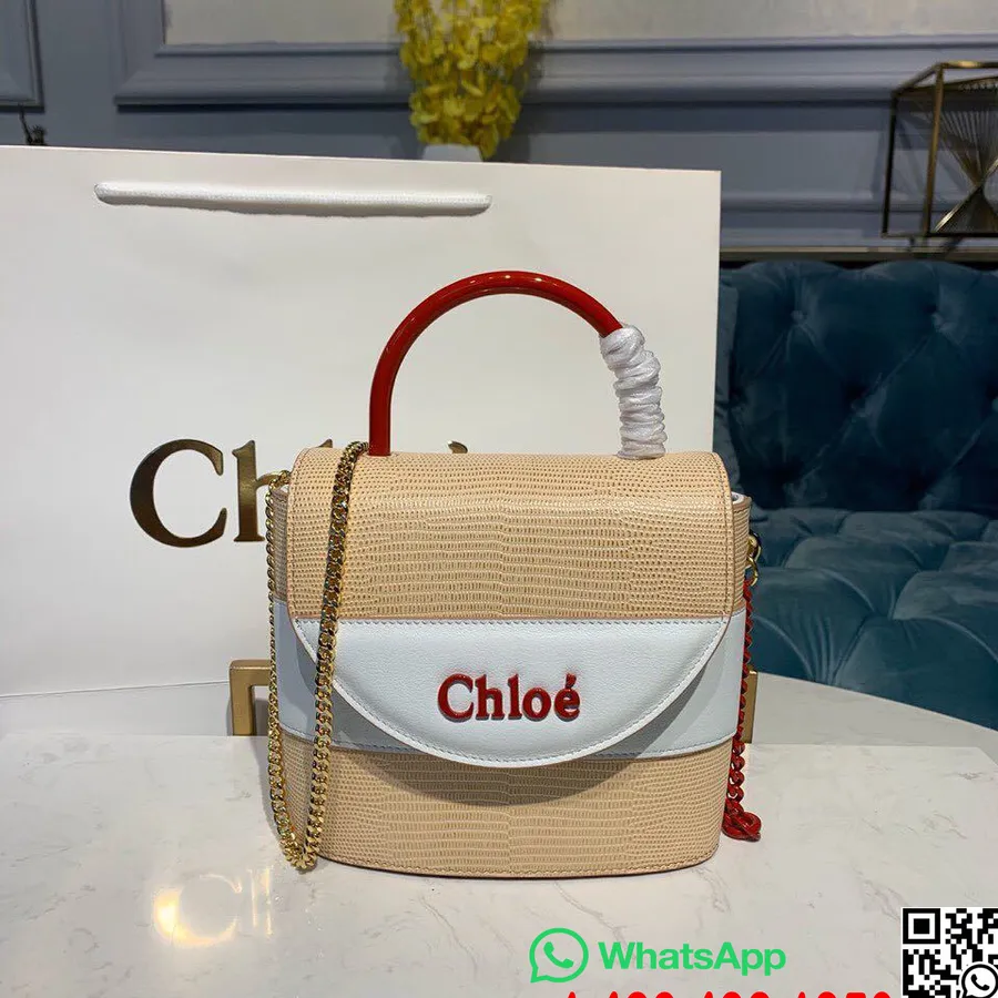 Chloe Aby Lock Omuz Çantası 18 Cm Altın Donanım Kertenkele Görünümlü Pürüzsüz Dana Derisi Sonbahar/Kış 2019 Koleksiyonu, Bej/Bey