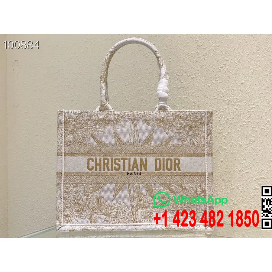 Christian Dior Mose Mulepose 36 Cm M1296 Reve D'infini Broderi Lærred Forår/sommer 2023 Kollektion, Guldfarvet Metallisk Tre