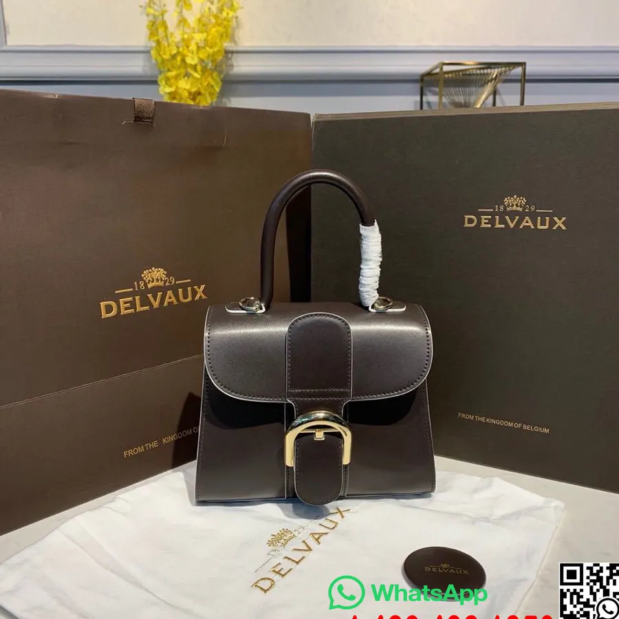 Sac Delvaux Brillant Bb Satchel Rabat 20cm Cuir De Veau Matériel Doré Collection Automne/hiver 2019, Marron Foncé/passepoil Blan