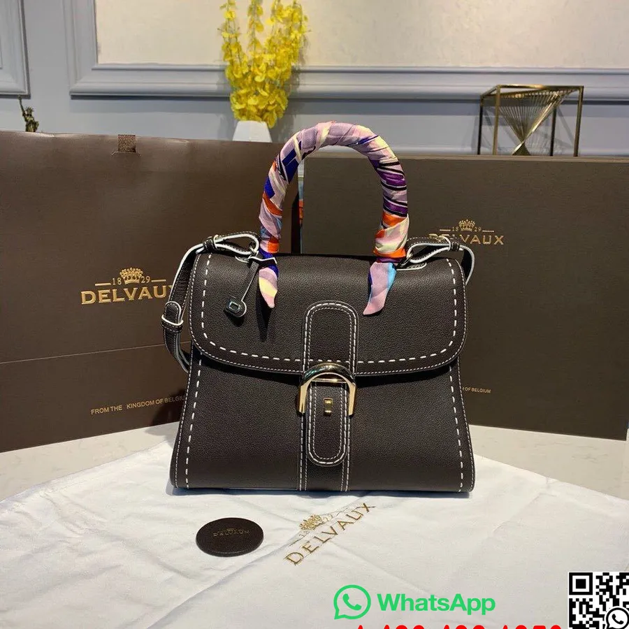 Sac Delvaux Sellier Brillant à Rabat 28cm Cuir De Veau Grainé Matériel Doré Collection Automne/hiver 2019, Marron Foncé