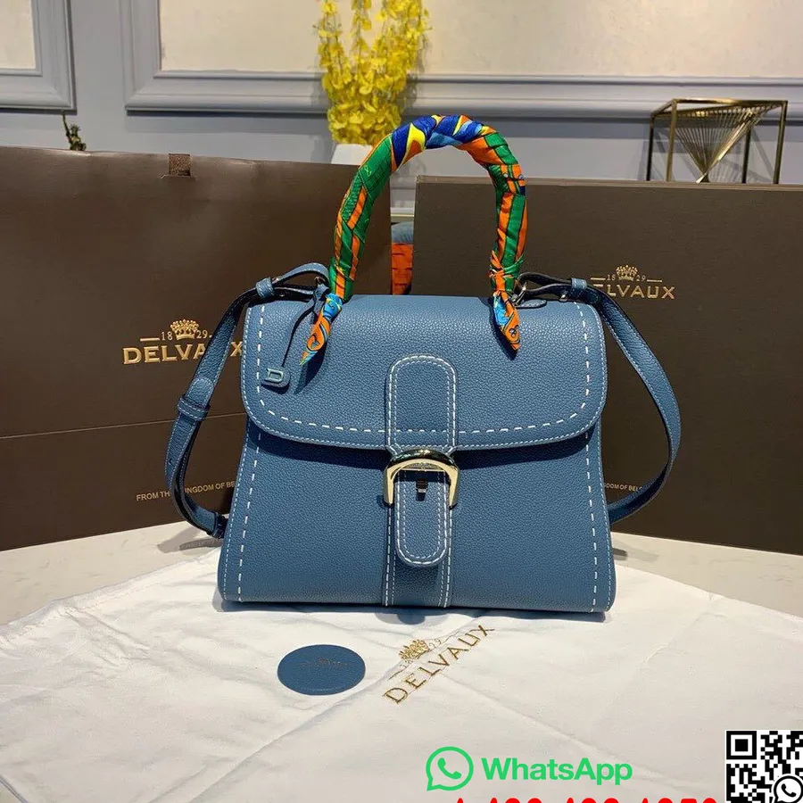 Sac Delvaux Sellier Brillant à Rabat 28cm Cuir De Veau Grainé Matériel Doré Collection Automne/hiver 2019, Bleu