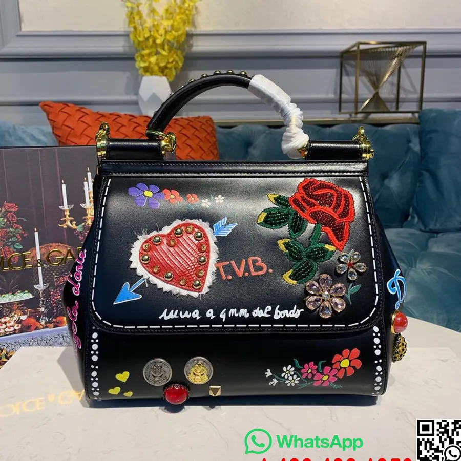 Dolce Gabbana Bloemen Siciliaanse Tas 25 Cm Met Dg Kristal Generfd Kalfsleer Herfst/winter 2019 Collectie, Zwart