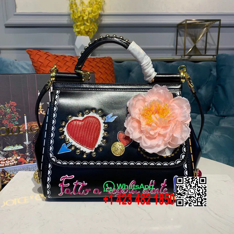 Dolce Gabbana Bloemen Siciliaanse Tas 20 Cm Met Dg Kristal Generfd Kalfsleer Herfst/winter 2019 Collectie, Zwart