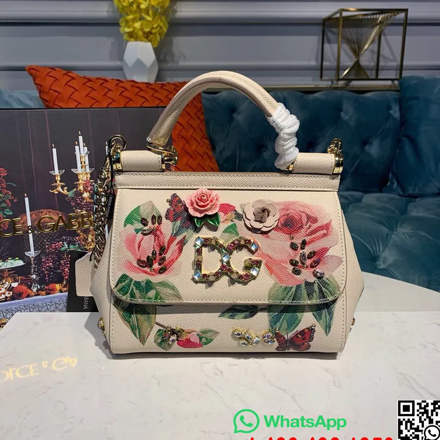 Dolce Gabbana Bloemen Siciliaanse Tas 25 Cm Met Dg Kristal Generfd Kalfsleer Herfst/winter 2019 Collectie, Wit