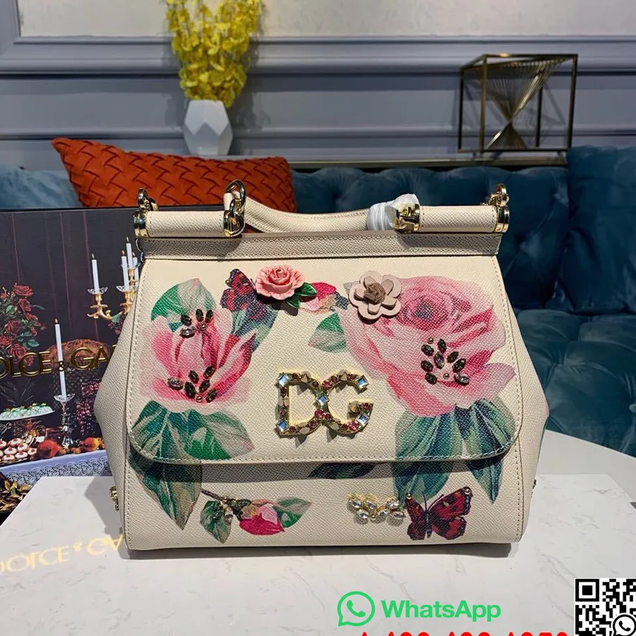 Dolce Gabbana çiçekli Sicilya çanta 20cm Dg Kristal Damarlı Dana Derisi Sonbahar/kış 2019 Koleksiyonu, Beyaz