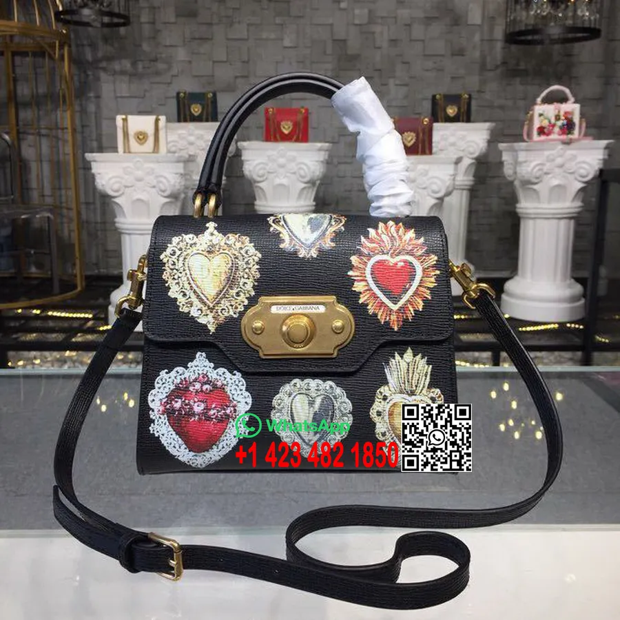 Dolce Gabbana Hoş Geldin çantası Mayolika Desenli 24cm Dana Derisi Sonbahar/kış 2018 Koleksiyonu, Siyah