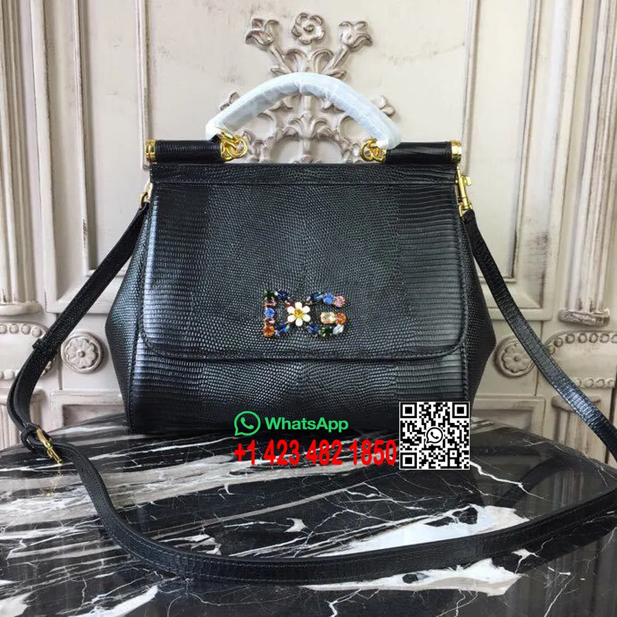 Dolce Gabbana κανονική Sicily τσάντα 26cm σαύρα/δερμάτινο δέρμα μοσχαριού συλλογή φθινόπωρο/χειμώνας 2018, μαύρη