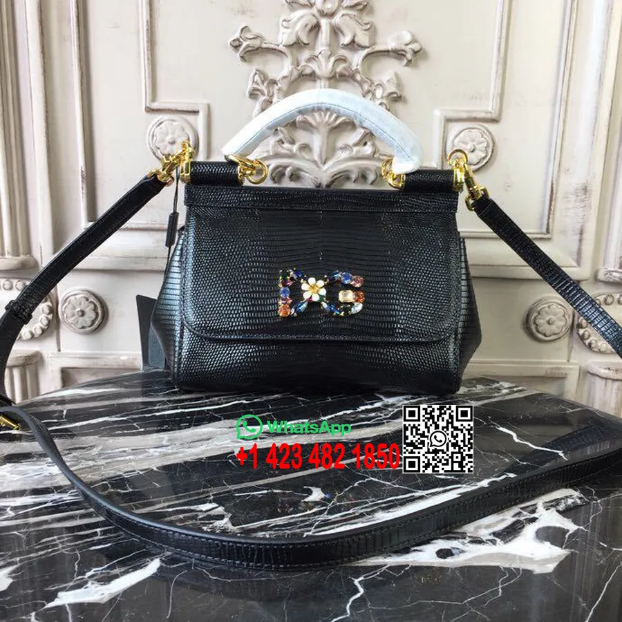 Dolce Gabbana κανονική Sicily τσάντα 20cm σαύρα/δερμάτινο δέρμα μοσχαριού συλλογή φθινόπωρο/χειμώνας 2018, μαύρο