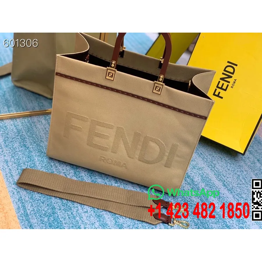 Fendi Sunshine Shopper Veske 35 Cm Lerret/kalveskinn Vår/sommer 2021 Kolleksjon, Beige