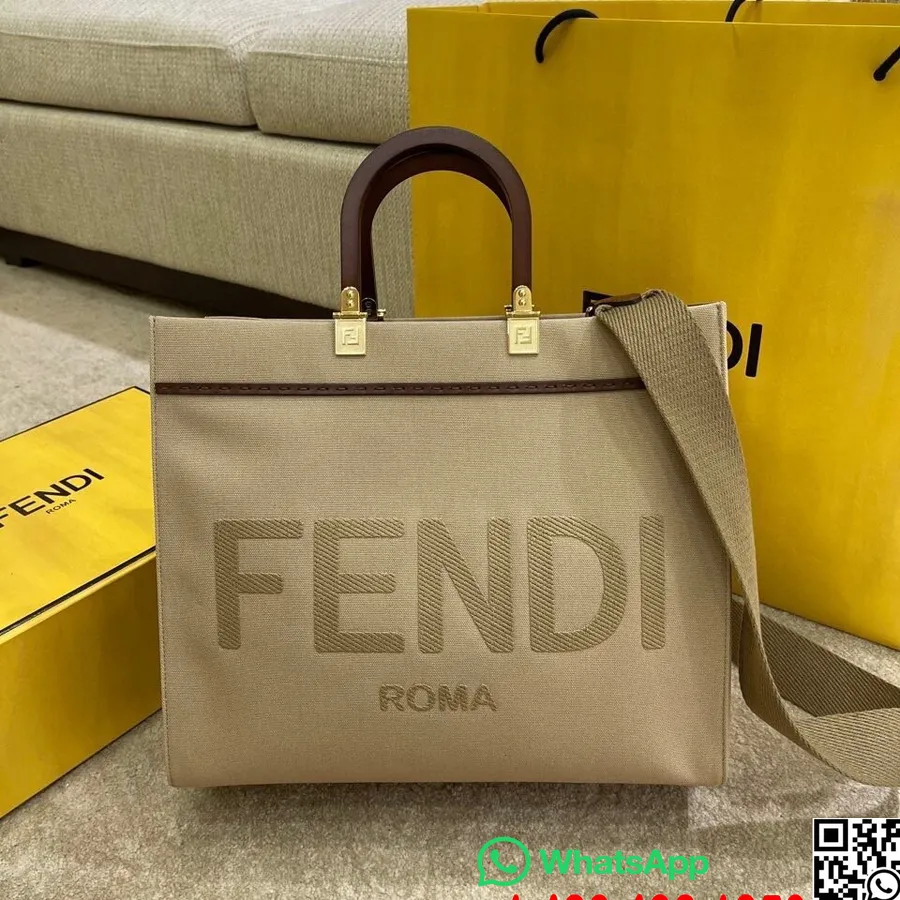 Fendi Sunshine Shopper Tote Bag 35 Cm Canvas/kalveskinn Vår/sommer 2021 Kolleksjon, Beige