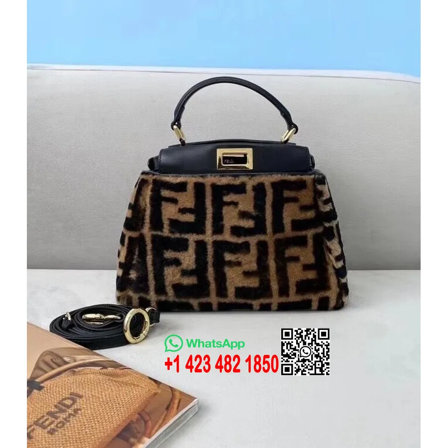 Fendi Ff Logotyp Peekaboo Väska 23 Cm Shearling Päls/kalvskinn Läder Höst/vinter 2020 Kollektion, Brun