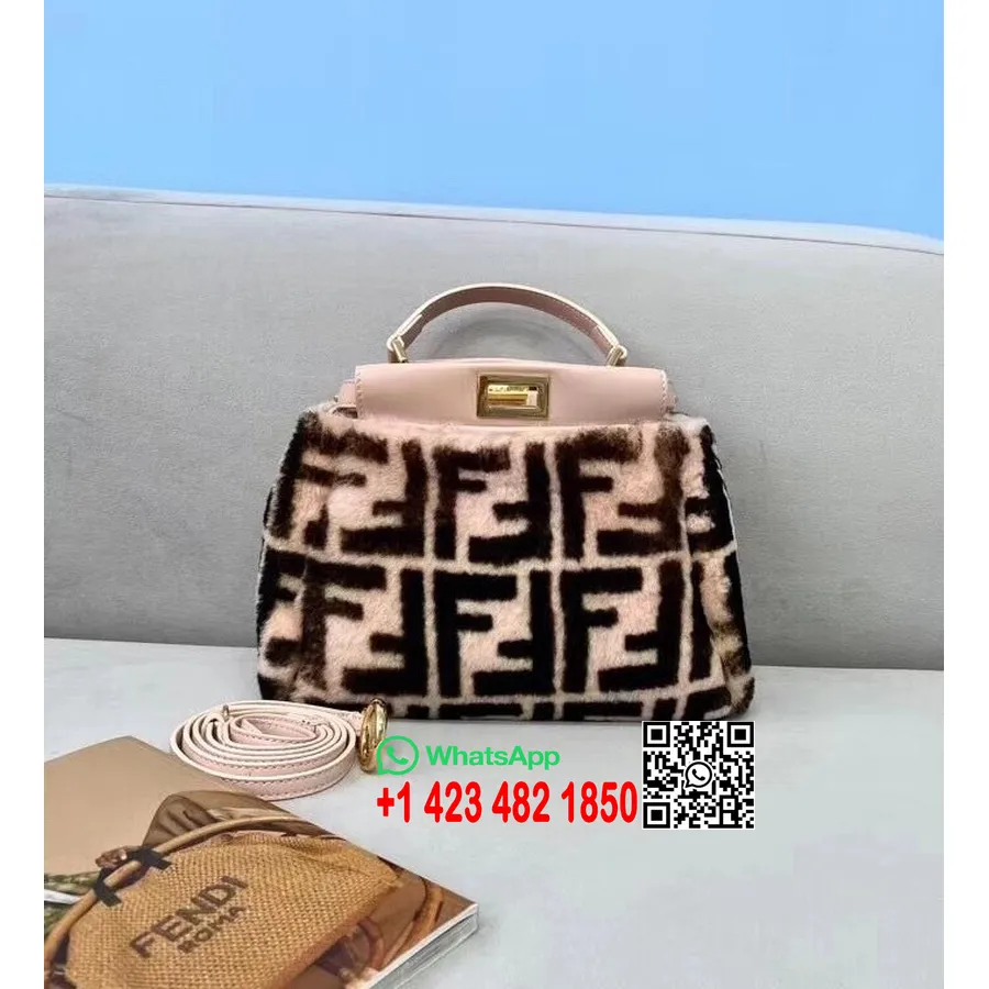 Fendi Ff Logotyp Peekaboo Väska 23 Cm Shearling Päls/kalvskinn Läder Höst/vinter 2020 Kollektion, Rouge