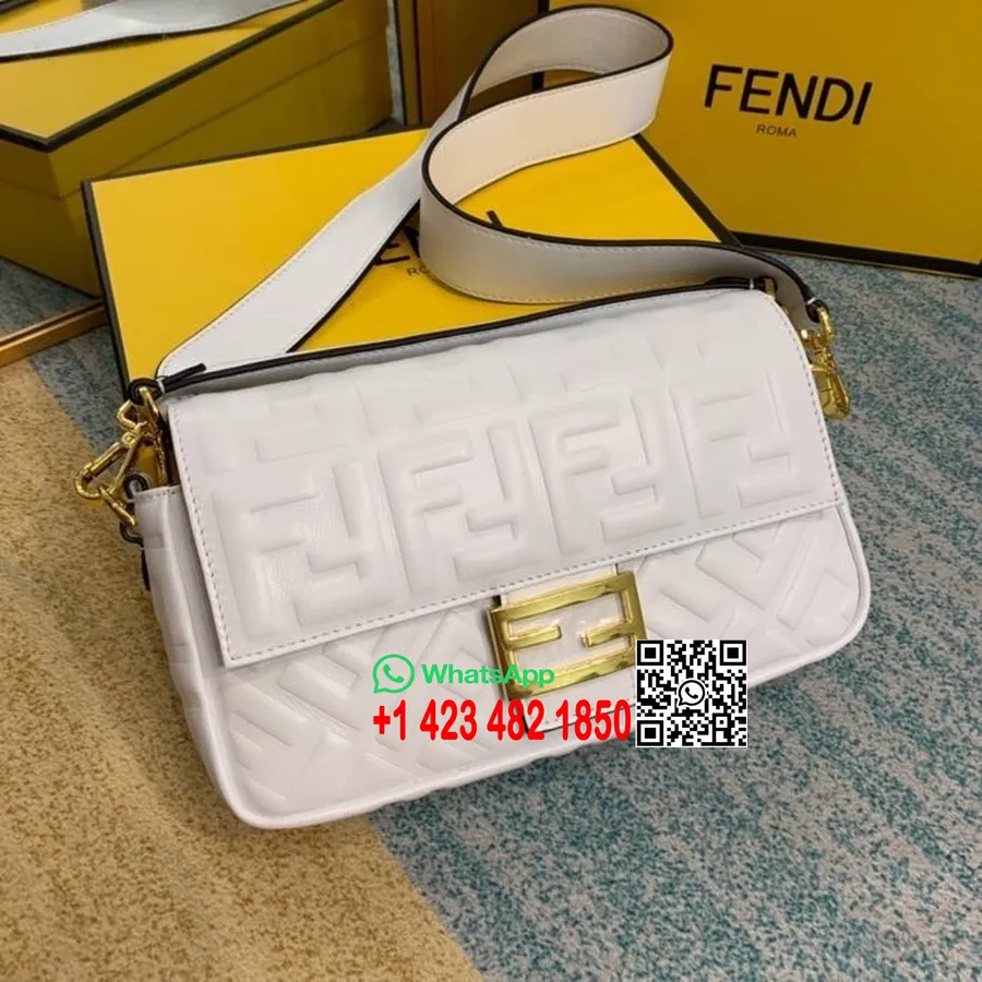 Fendi Embossed Ff Logo Baguette Bag 26cm Kalveskinn Høst/vinter 2020 Kolleksjon, Hvit