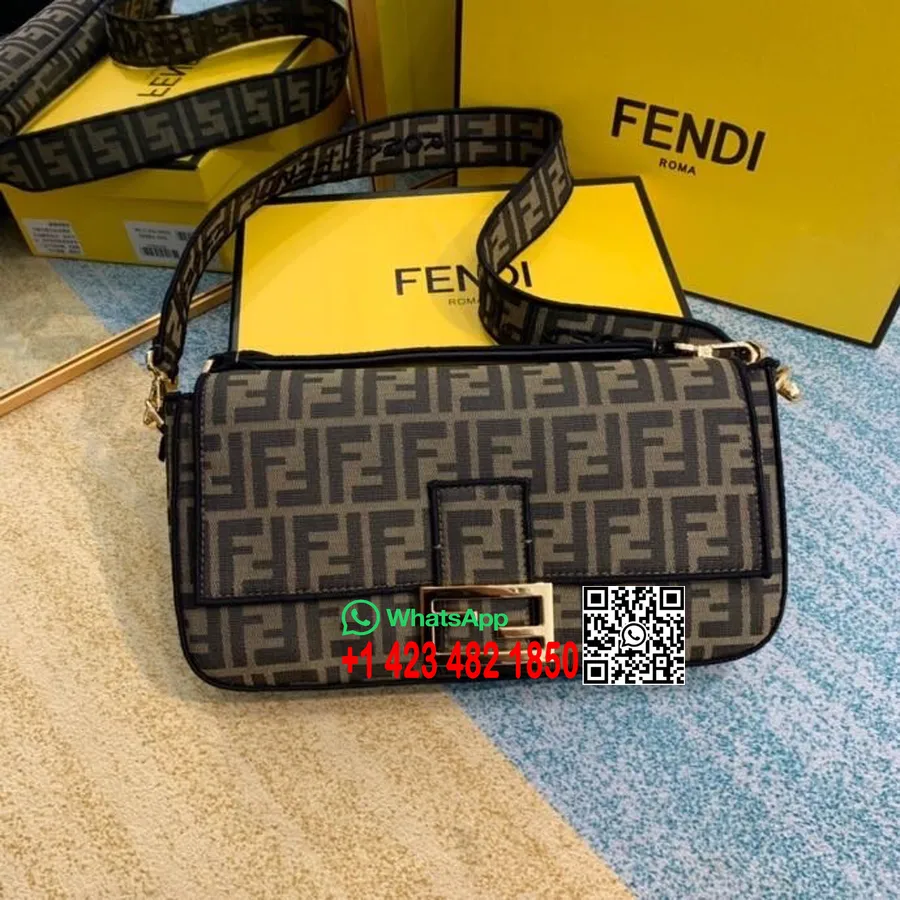 Fendi Ff Logo Baguette Taske Lærred 32 Cm Efterår/vinter 2020 Kollektion, Brun