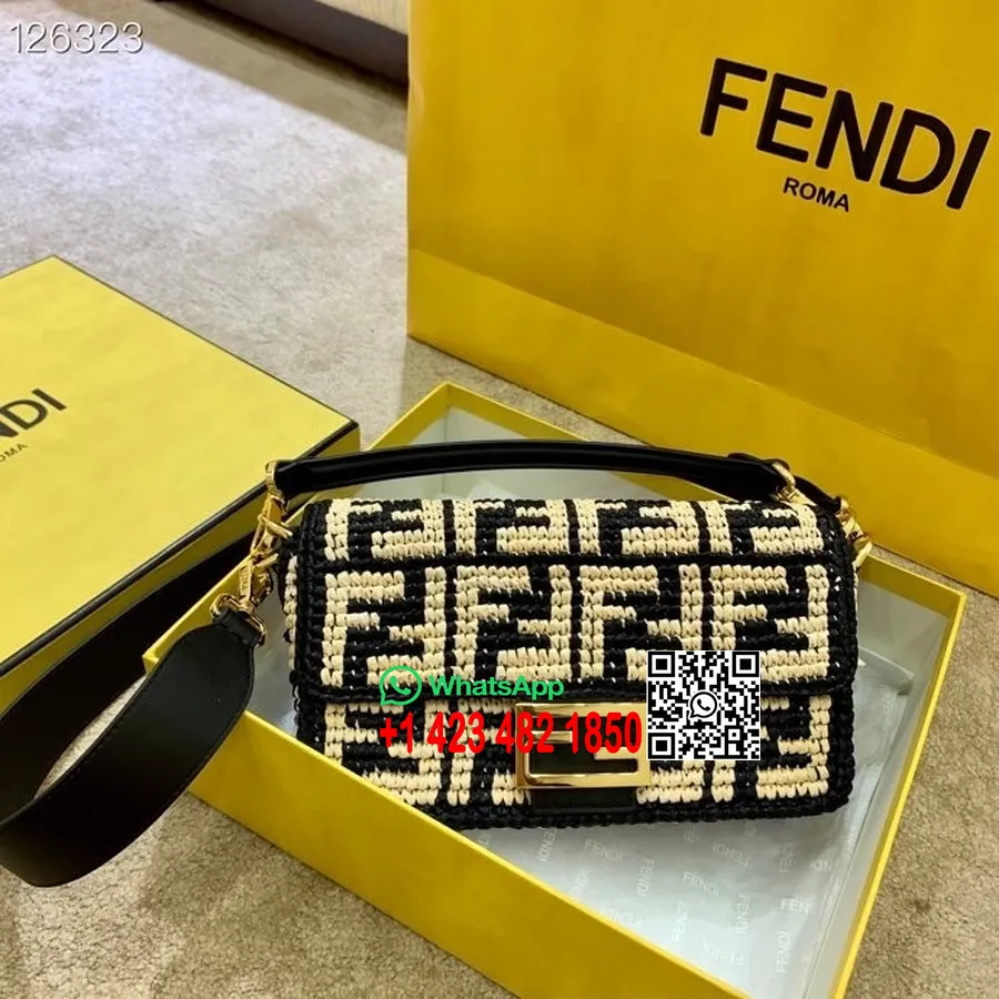 Fendi Ratan Vevd Interlace Lerret Baguette Bag 26cm Høst/vinter 2020 Kolleksjon, Beige/svart