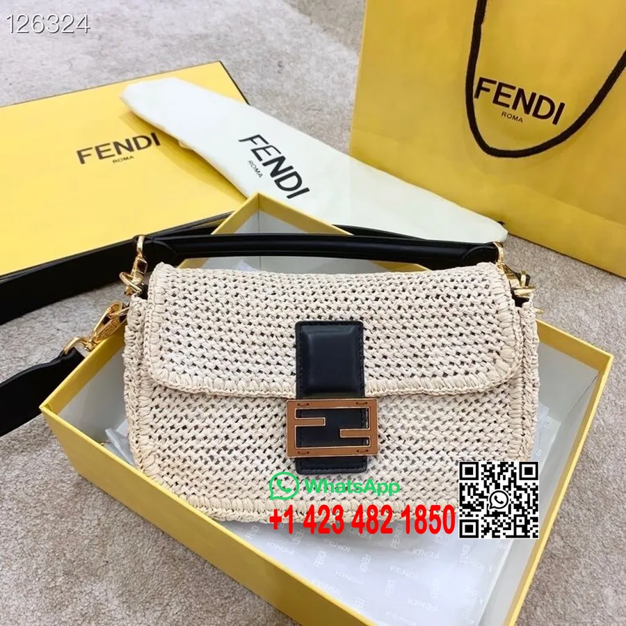 Fendi Ratan Vevd Interlace Lerret Baguette Bag 26cm Høst/vinter 2020 Kolleksjon, Beige