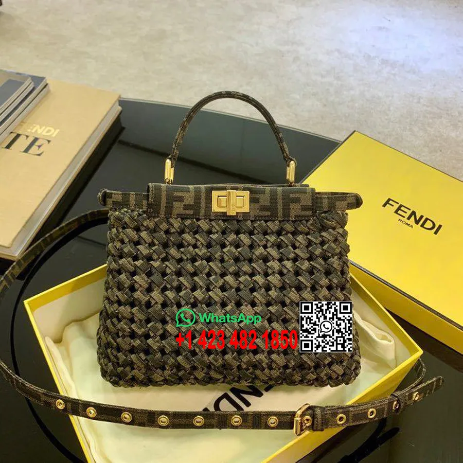 Fendi Vevd Interlace Lerret Peekaboo Bag 24cm Vår/sommer 2020 Kolleksjon, Brun